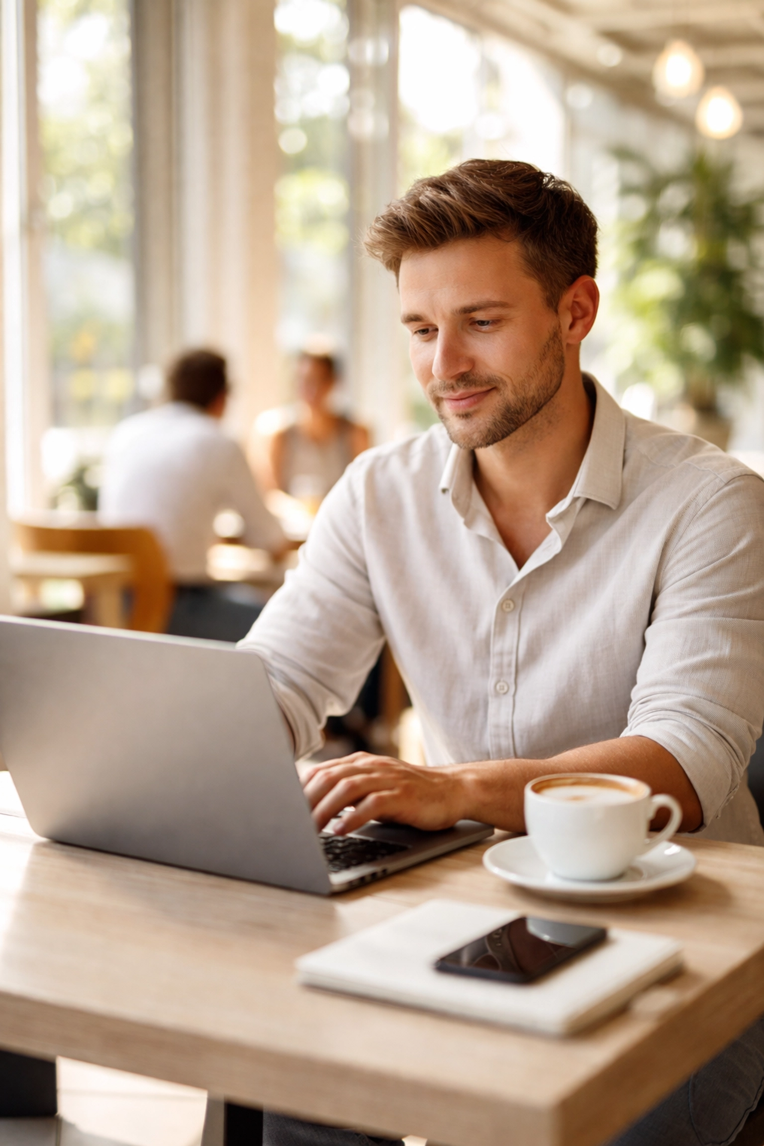Entrepreneur working on laptop in cafe, demonstrating freedom and productivity gained through effective delegation.