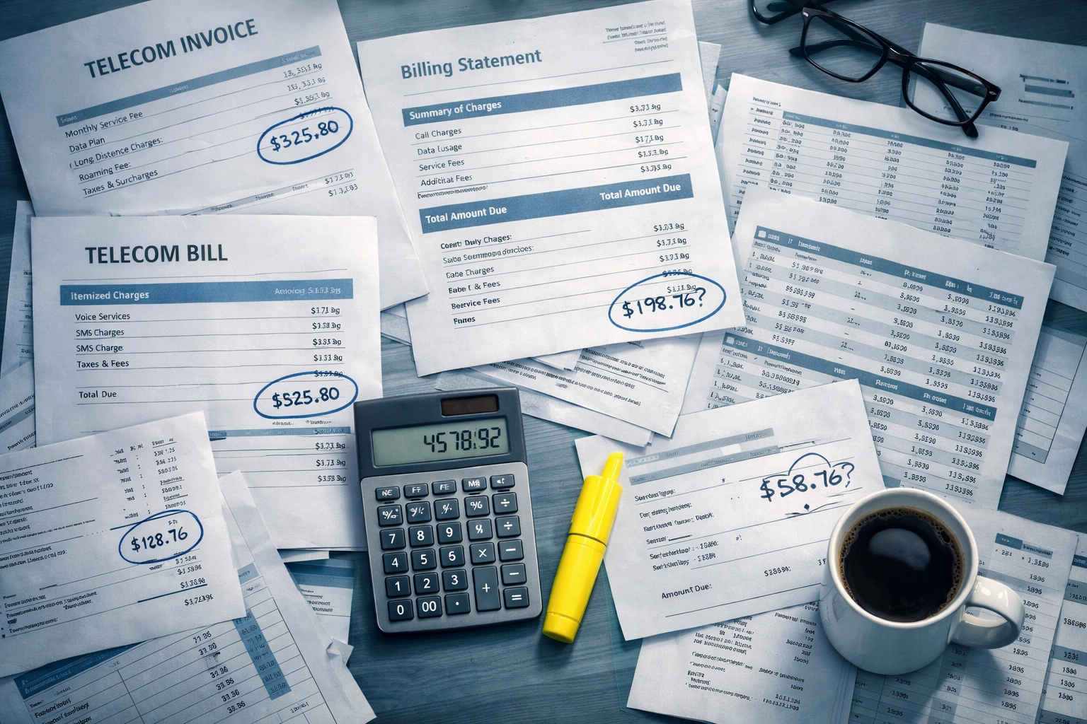 Scattered telecom invoices and billing statements revealing hidden POTS line costs on office desk