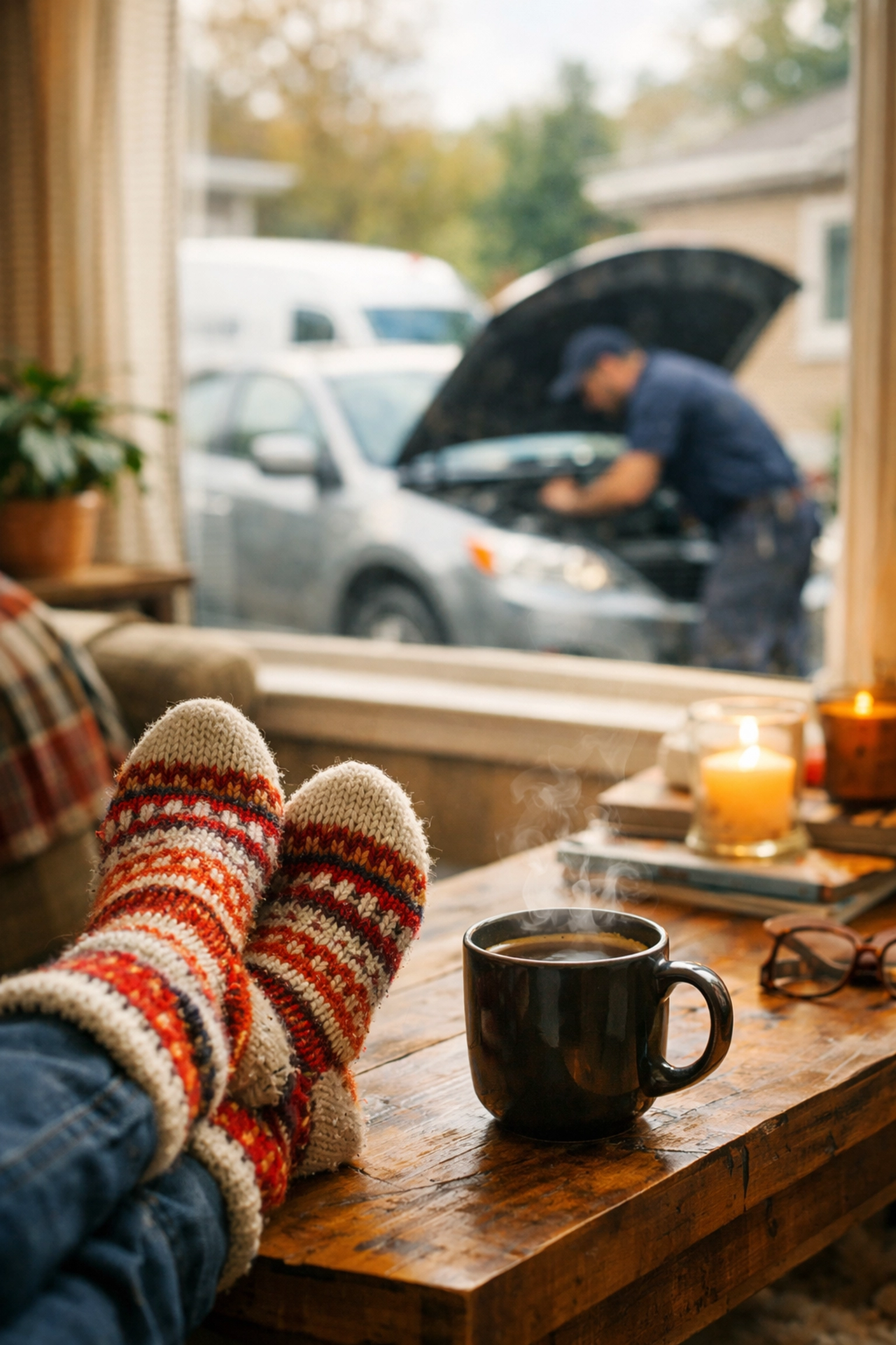 A Green Bay resident enjoys coffee at home while their car is serviced by a professional mobile mechanic.