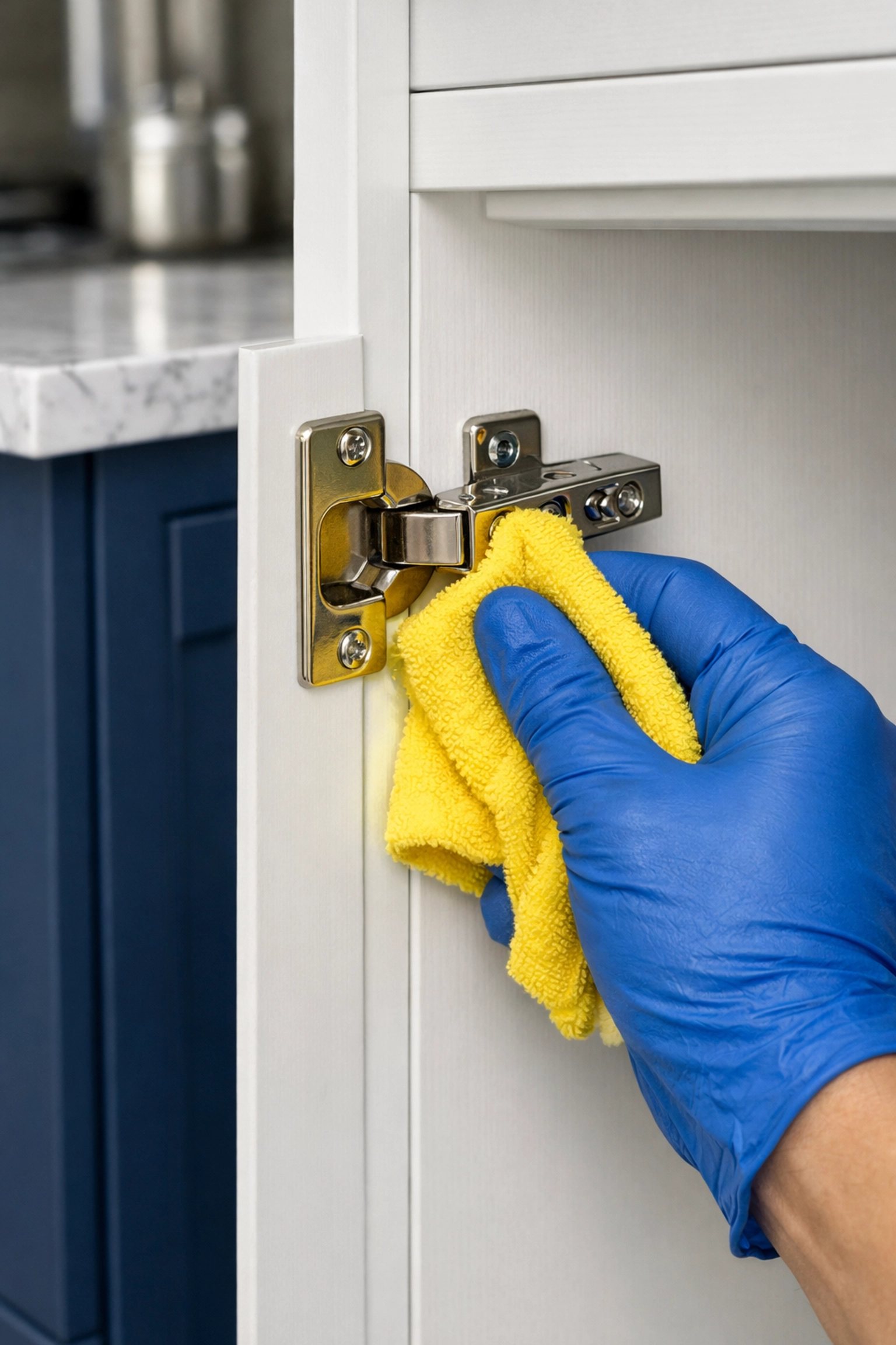 Professional post construction cleaning Maynard showing detailed dusting of luxury white kitchen cabinet hinges.