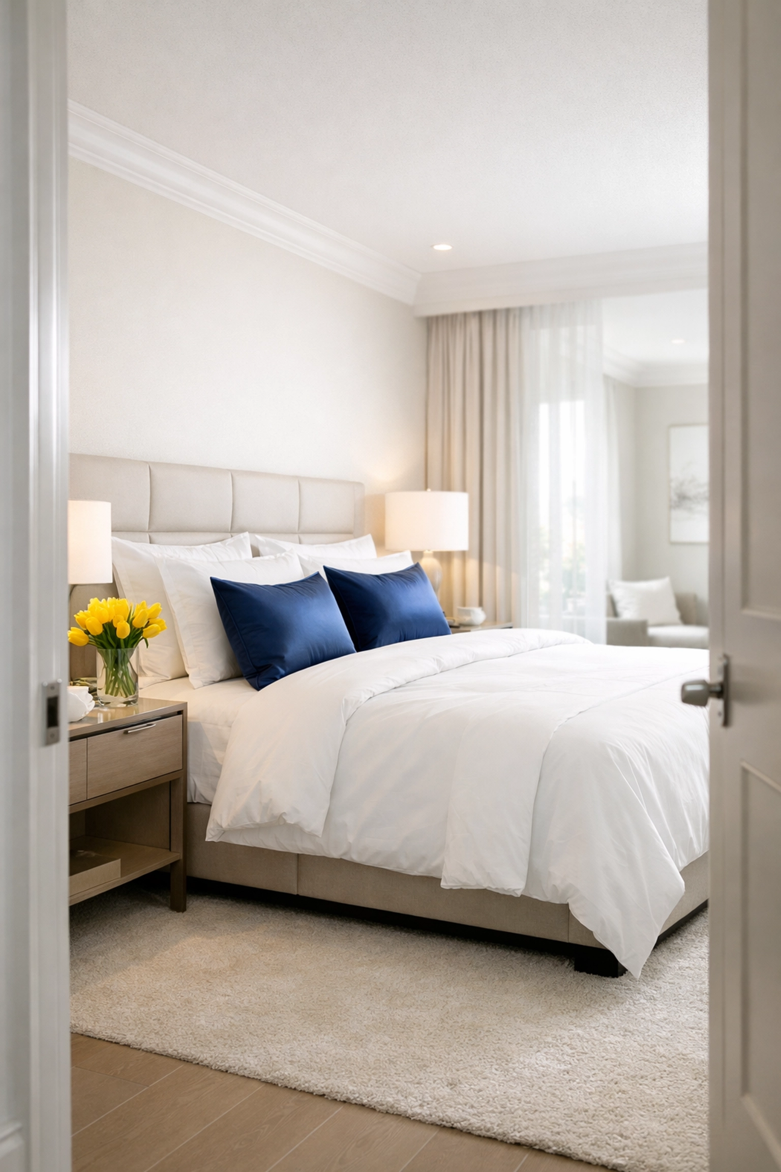 Pristine Southborough master suite with crisp white linens showcasing high-end luxury house cleaning standards.