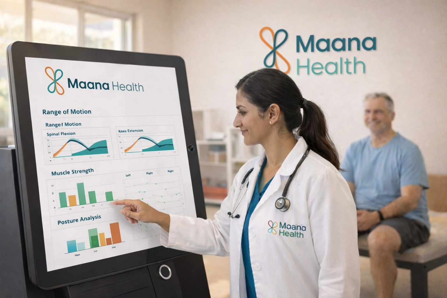 A Maana Health doctor operates an advanced diagnostic device, reviewing patient data on a touchscreen interface.