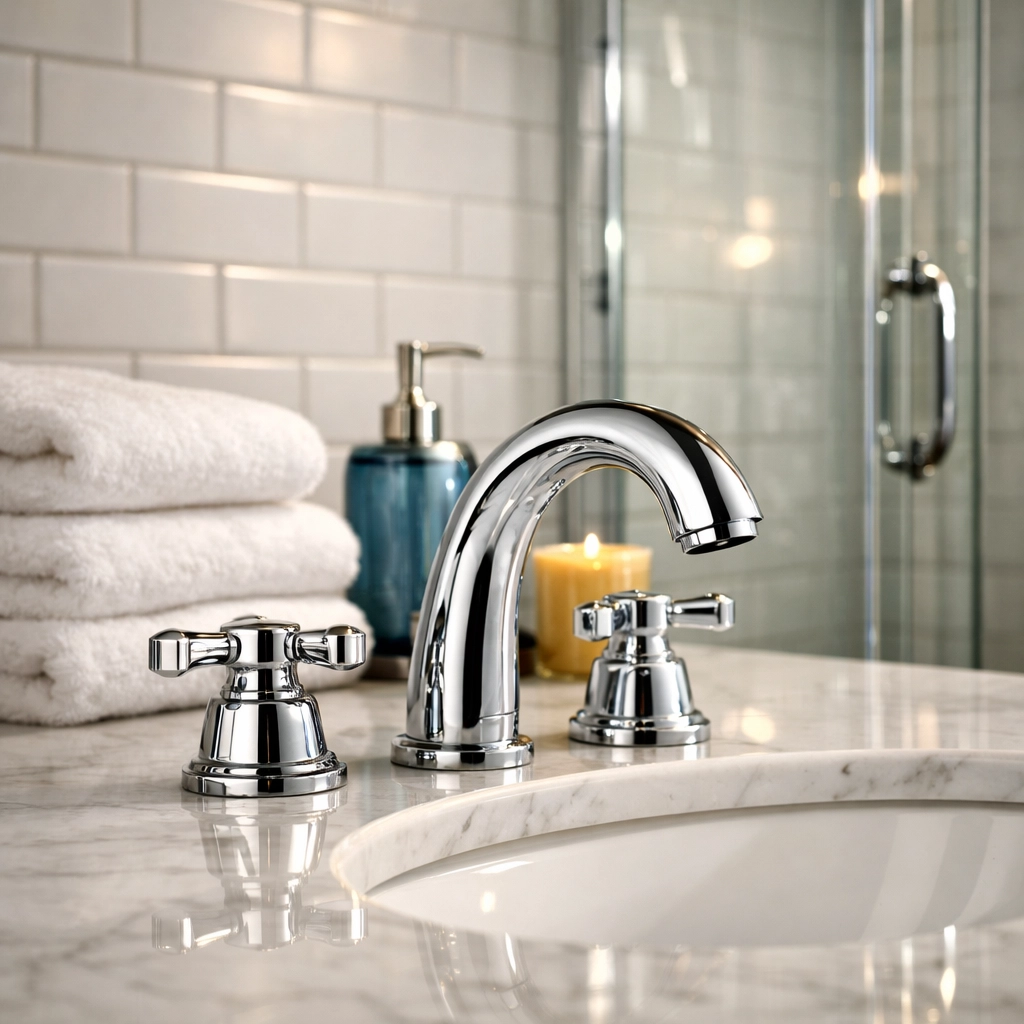 Disinfected marble vanity and sparkling shower tiles in a Harvard home after professional deep cleaning.