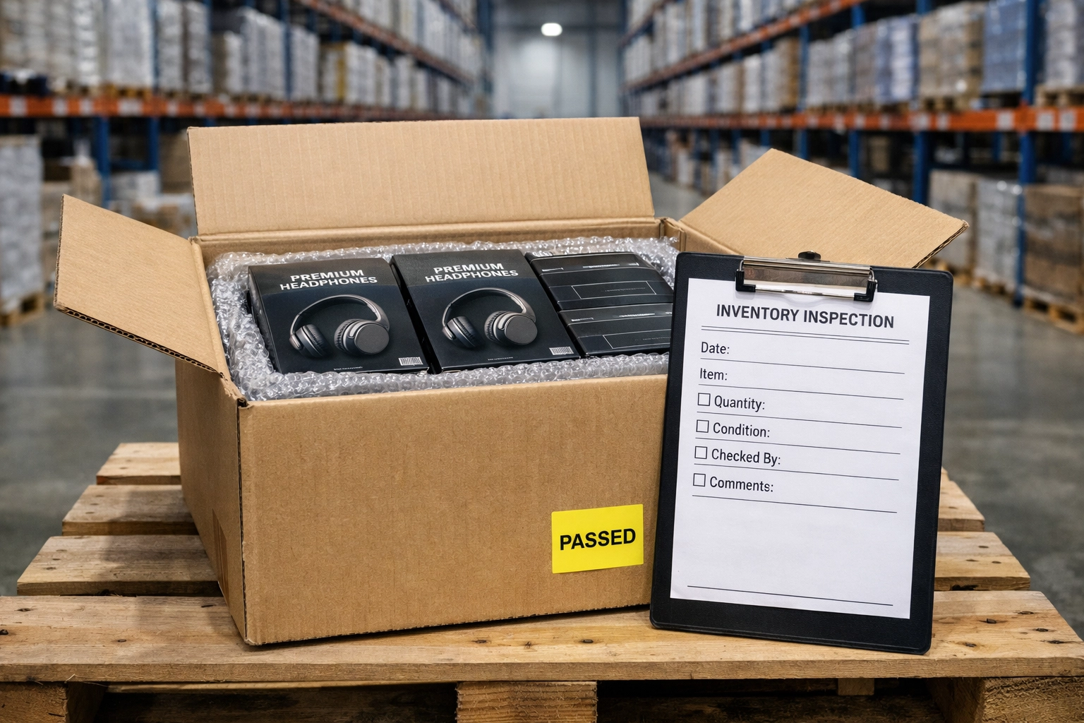 Inspected wholesale inventory boxes in a professional warehouse ready for Amazon FBA bulk buying and shipping.