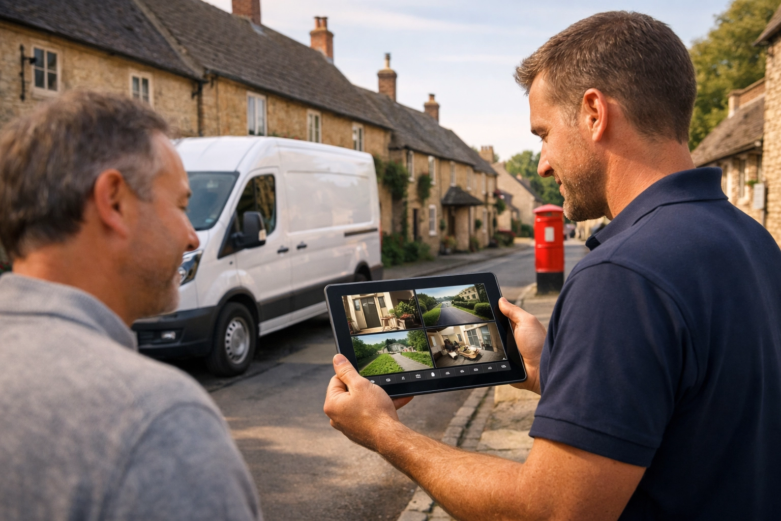 i-Spy CCTV technician demonstrating mobile security app to a homeowner on a local Wiltshire street.