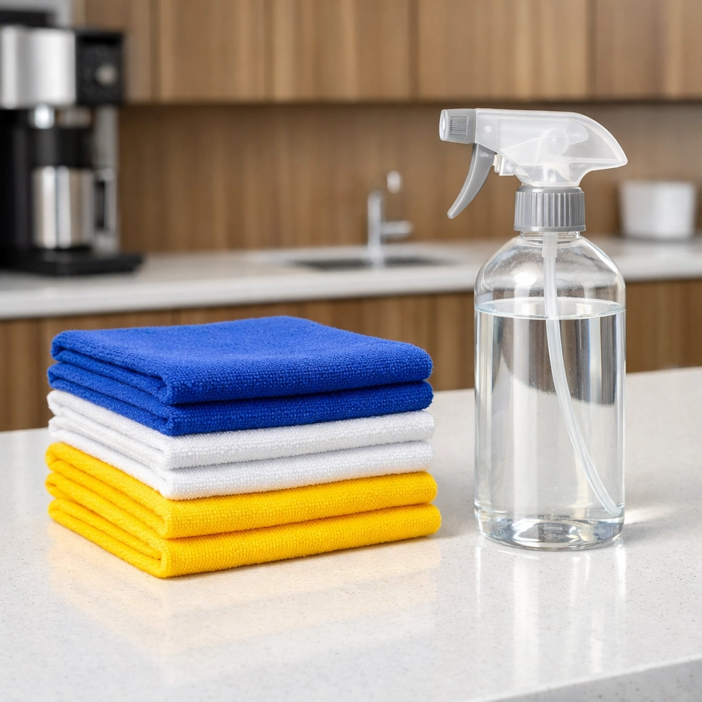 Organized microfiber cloths and cleaning supplies used by professional janitorial services Massachusetts.