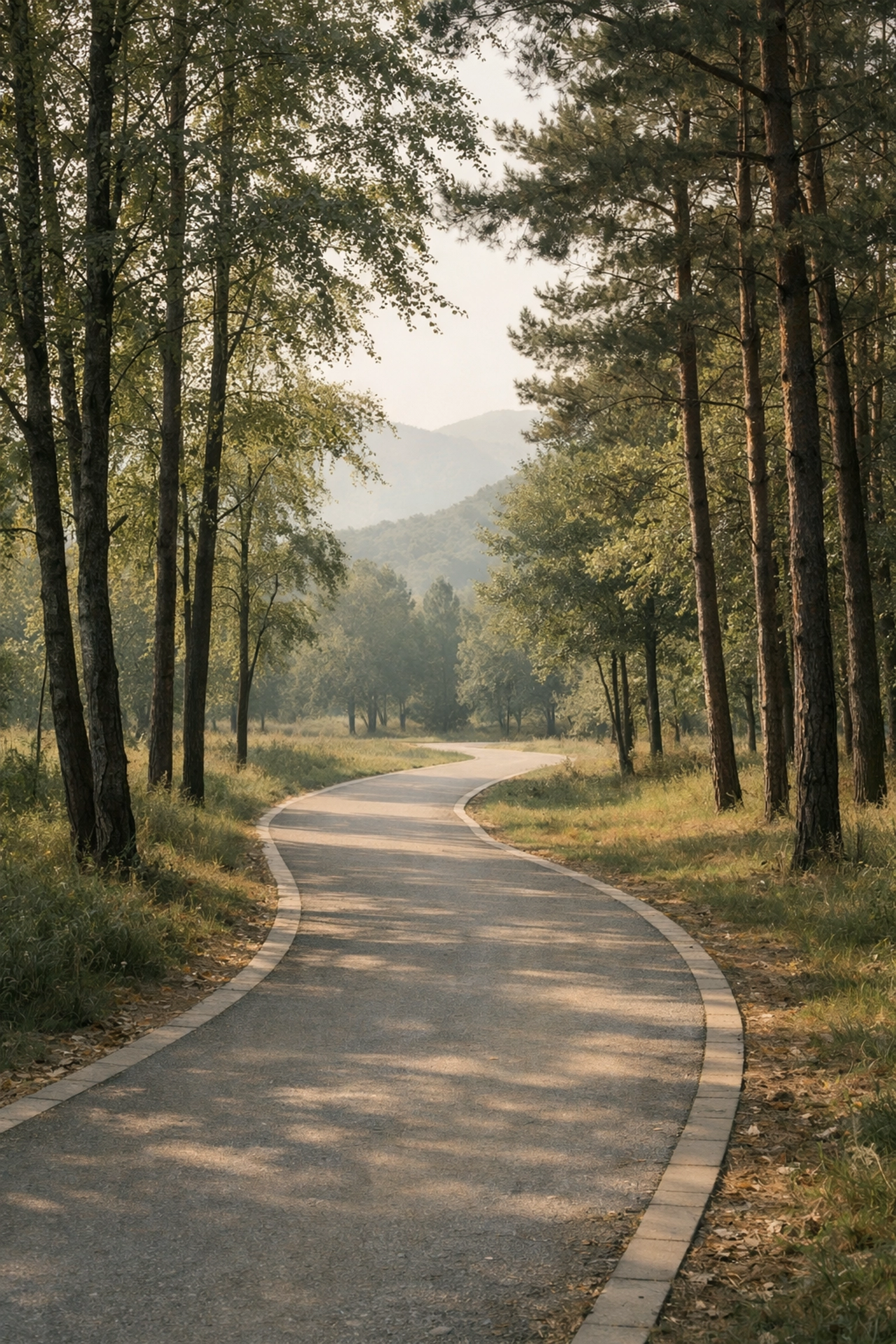 A peaceful, wooded walking trail in a Macedonia park, highlighting the community's active outdoor lifestyle.