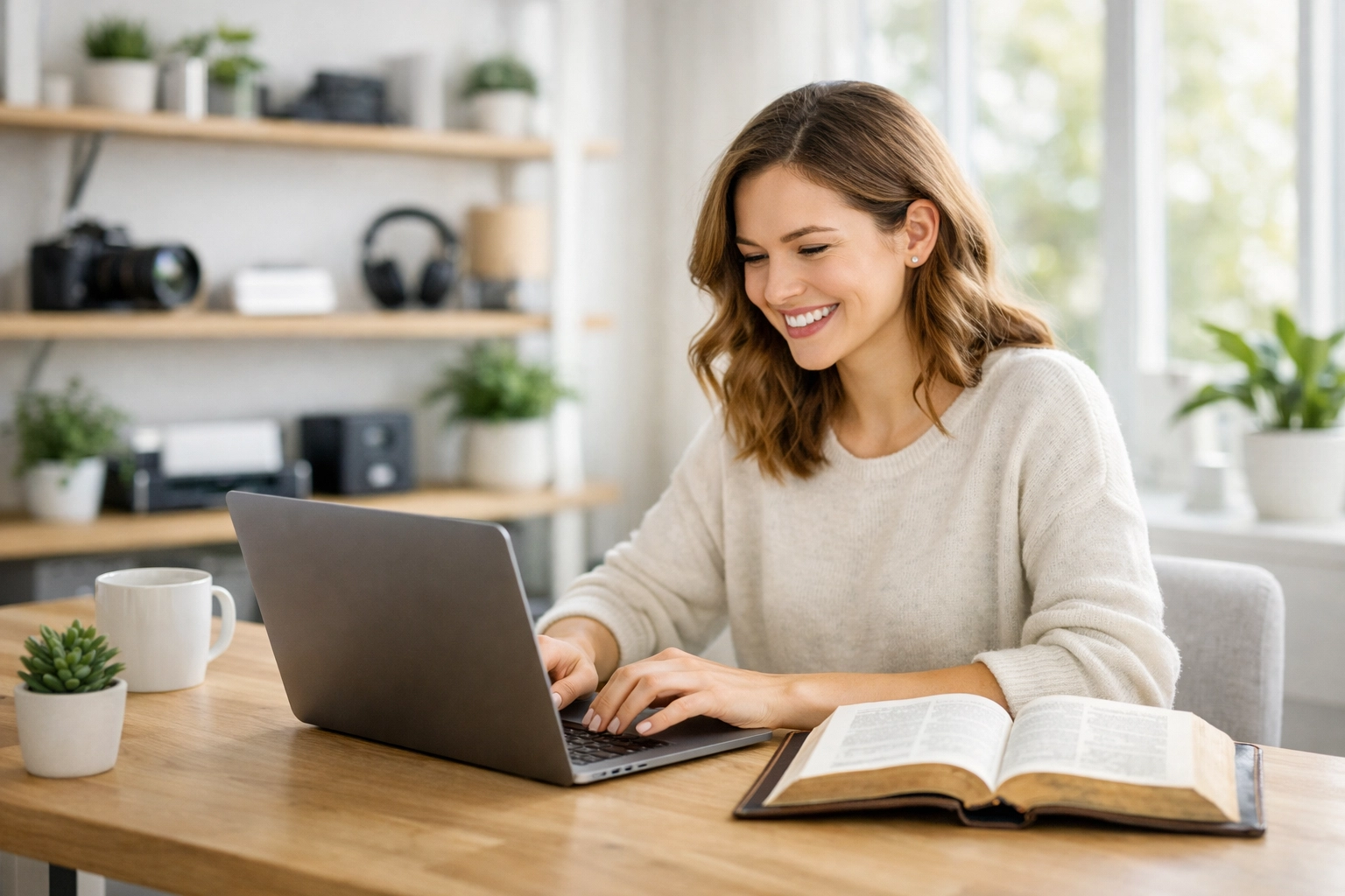 A woman uses a laptop beside an open Bible, illustrating stewardship of talents in the digital age.