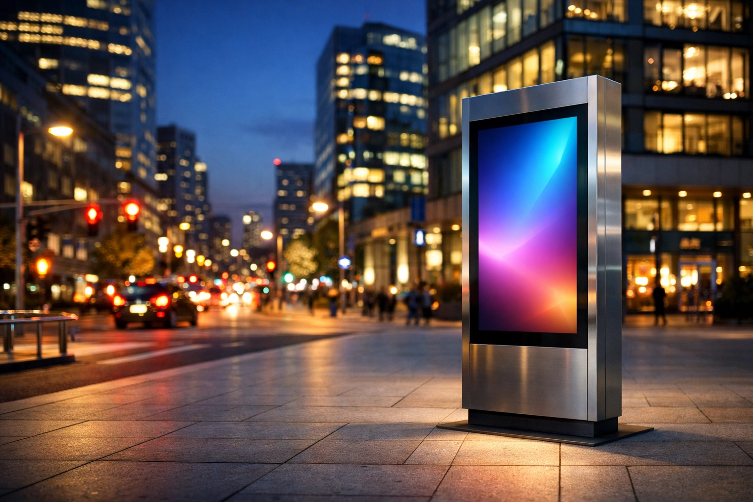 Modern digital media kiosk on a smart city street at twilight showcasing IoT connectivity.