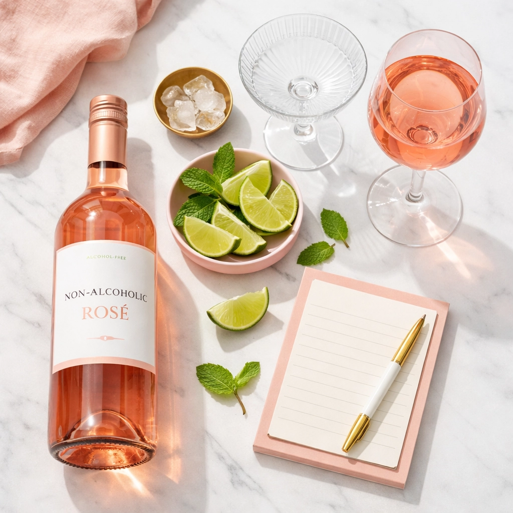 Alcohol-free rosé wine with fresh ingredients and glassware on marble surface