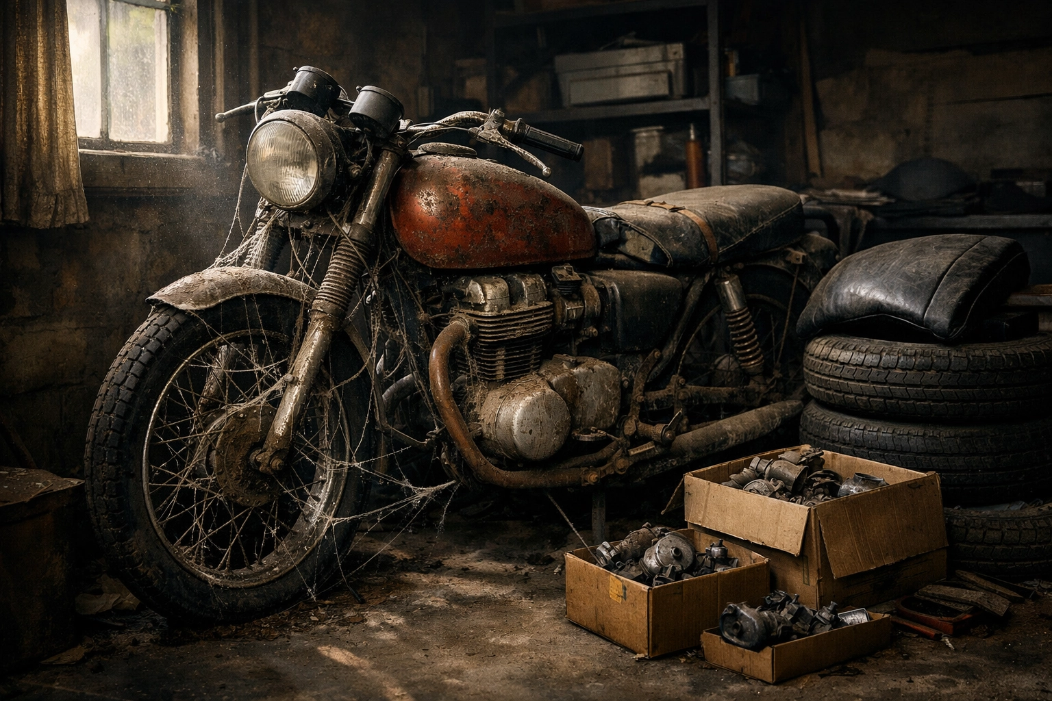 Dusty non-running motorcycle in a garage, perfect for cash for junk motorcycles services.