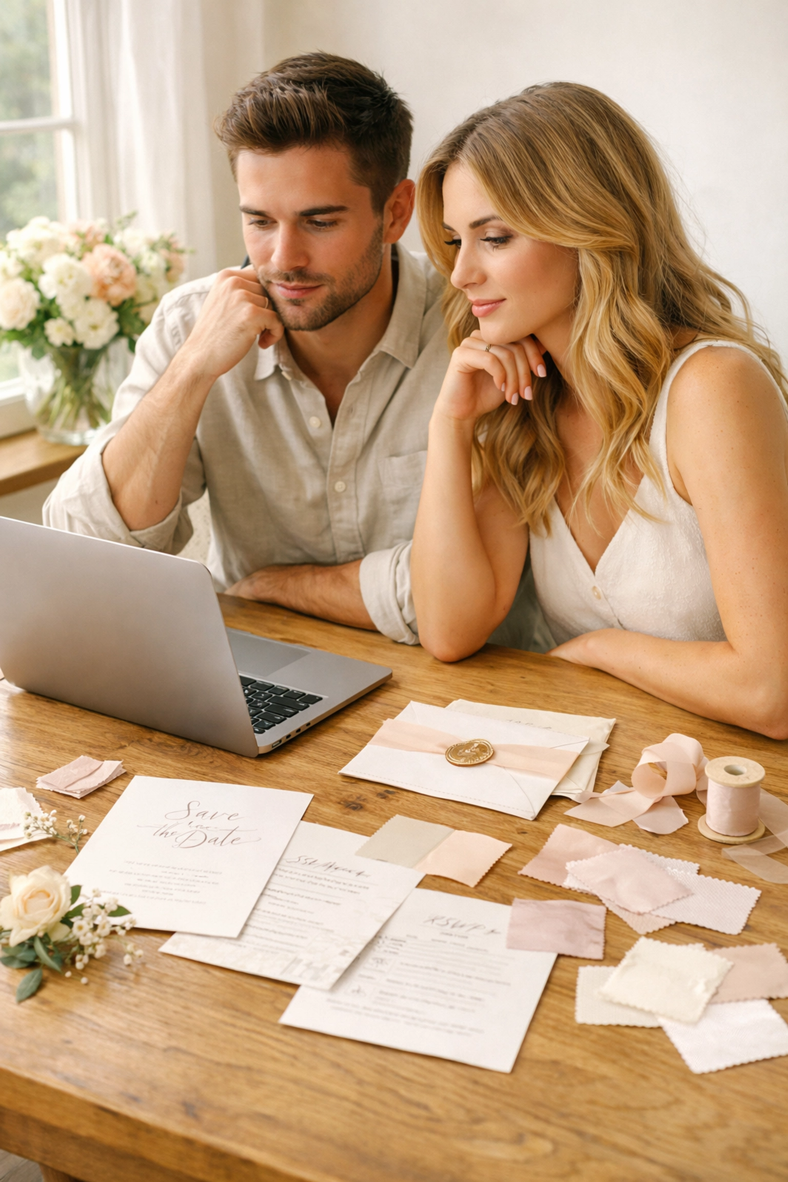 Engaged couple reviewing wedding budget and planning documents on a laptop.