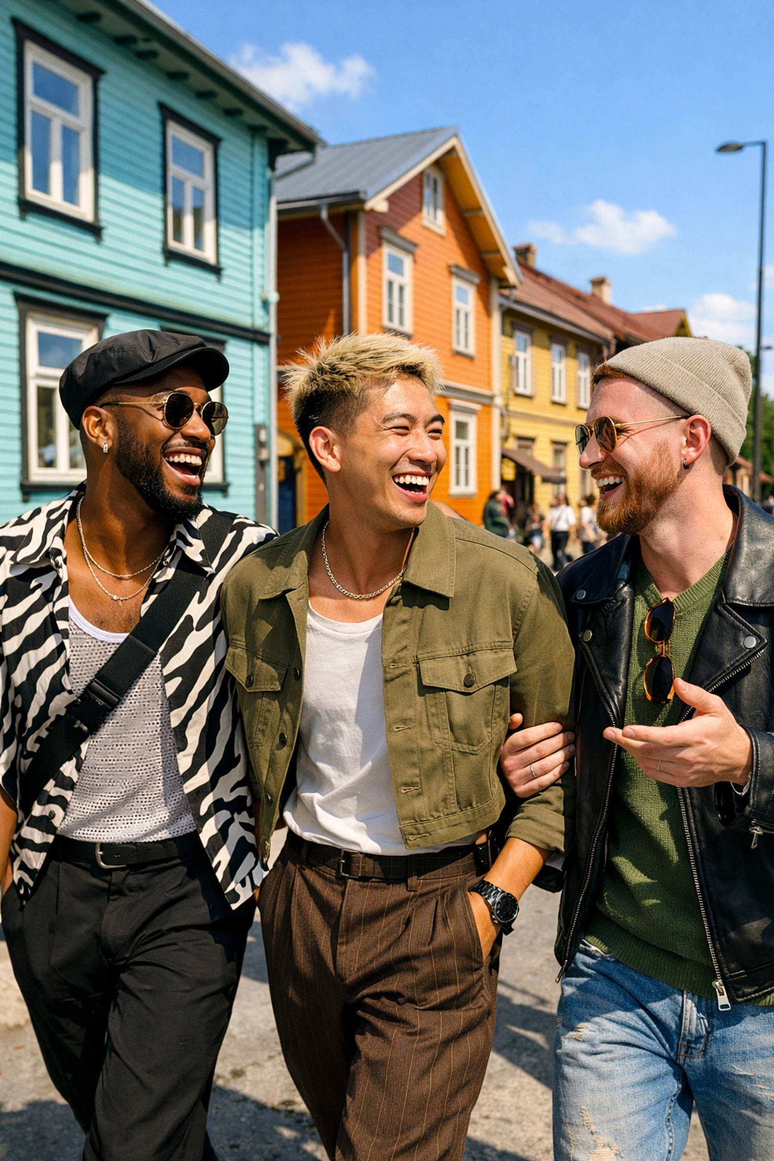 Diverse queer men walking through Tallinn's Kalamaja district, showcasing modern LGBTQ+ community in Estonia.