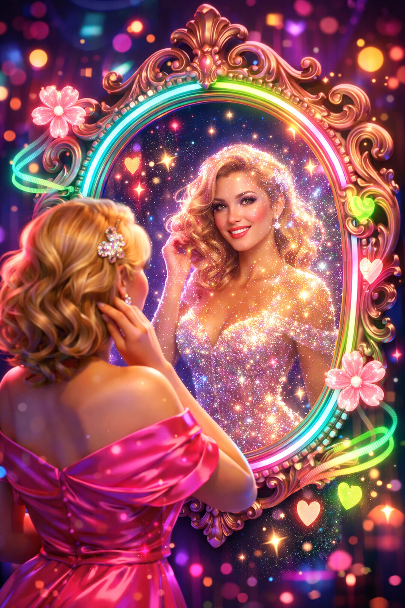 Person looking in glowing mirror reflecting confident self-love and body positivity journey