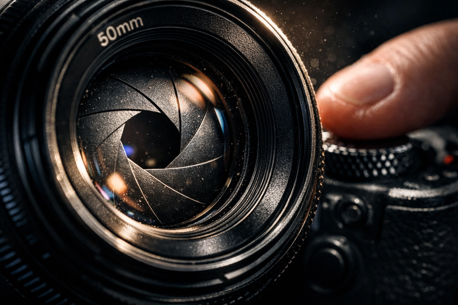 Close-up of camera lens aperture blades and adjustment dial for manual mode photography.