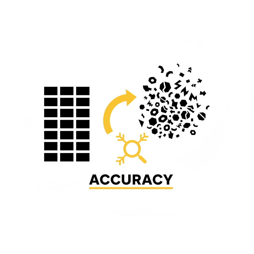 Grid of black squares, arrow to scattered shapes with yellow magnifying glass, text "ACCURACY" below, on white background.
