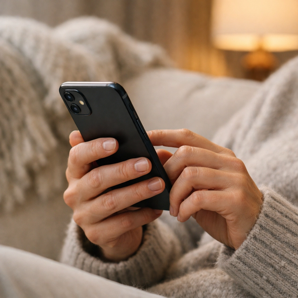 Hands using a smartphone to access a secure e-transfer payday loan in Canada from a sofa.