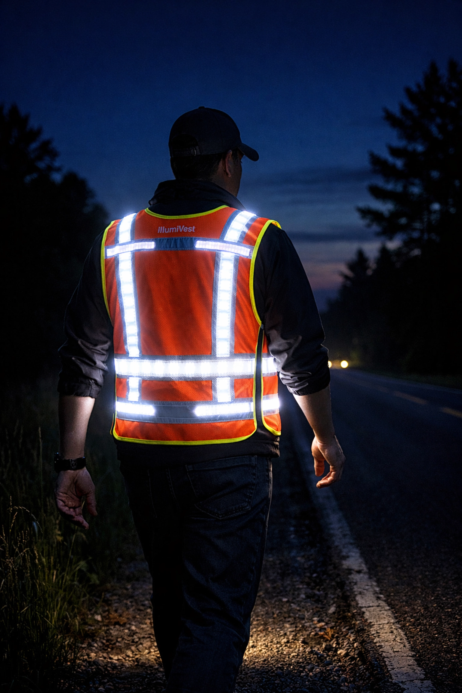 High-visibility Mennonite safety vest with white LEDs glowing on a dark rural road at night.