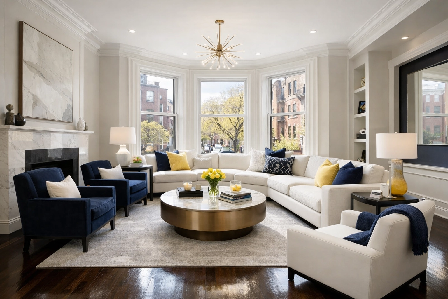 Sun-drenched Boston living room with immaculate floors maintained by local cleaning services near me.