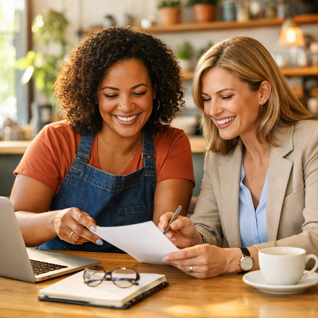 Small business owner and professional bookkeeper collaborating on a custom financial strategy.