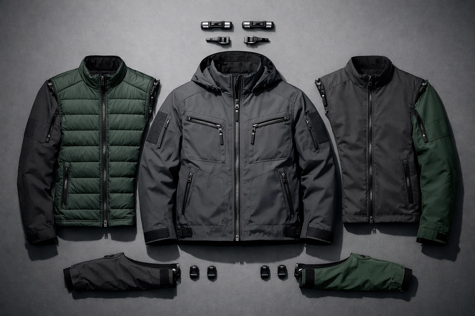 A modular technical jacket disassembled to show interchangeable parts for a sustainable wardrobe.