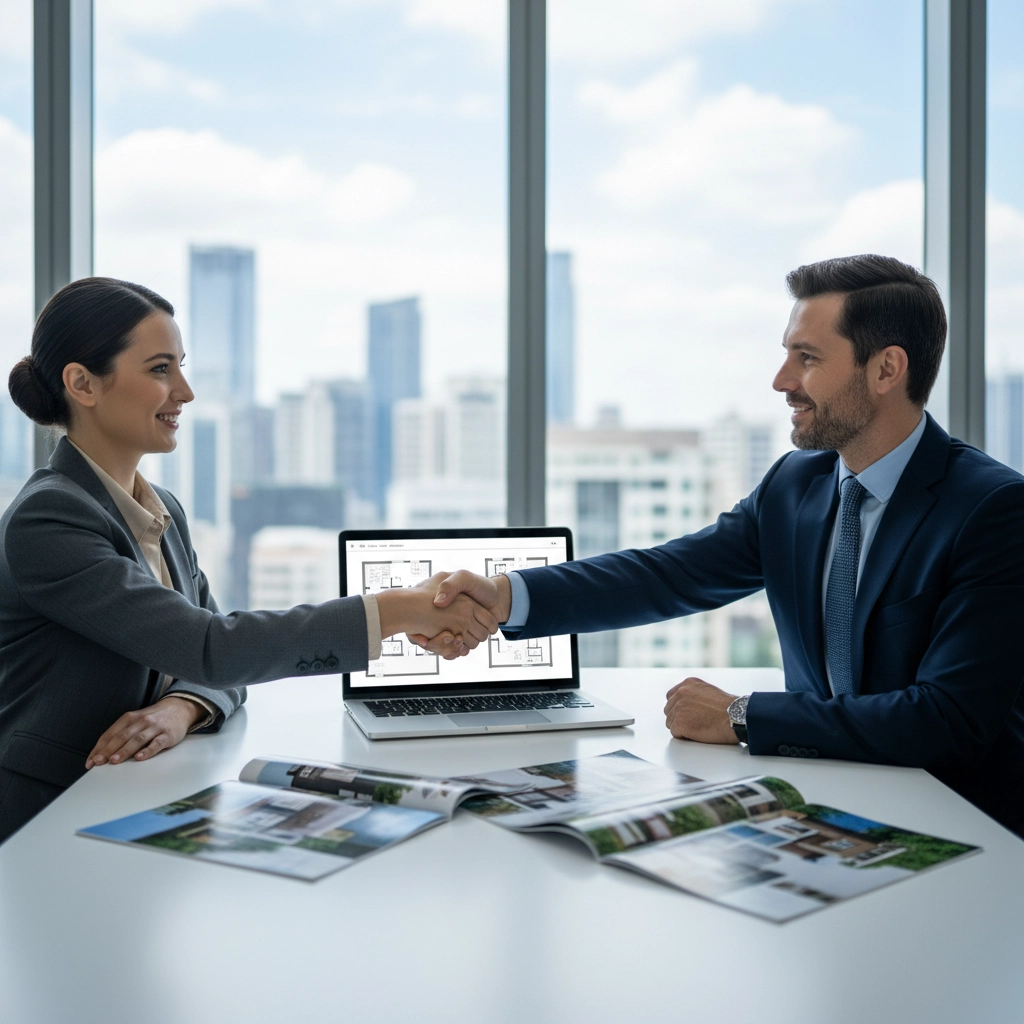 Two professionals shake hands in an office with city views. A laptop shows building plans. Magazines are on the table, conveying a business mood.