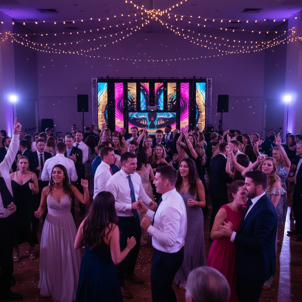 People dancing joyfully at a party with colorful lights and screens in the background. Ceiling strung with fairy lights creates a festive mood.