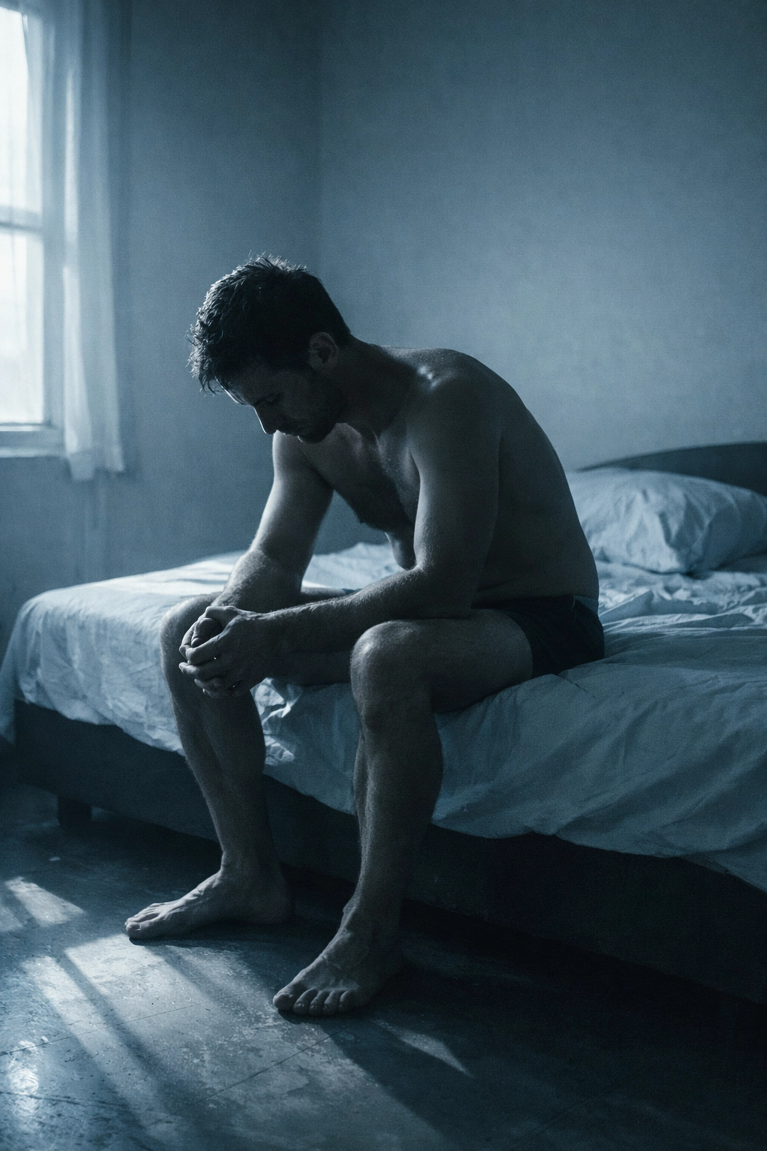 A solitary gay man sitting on a bed in morning light, reflecting the emotional loss and stress of addiction.