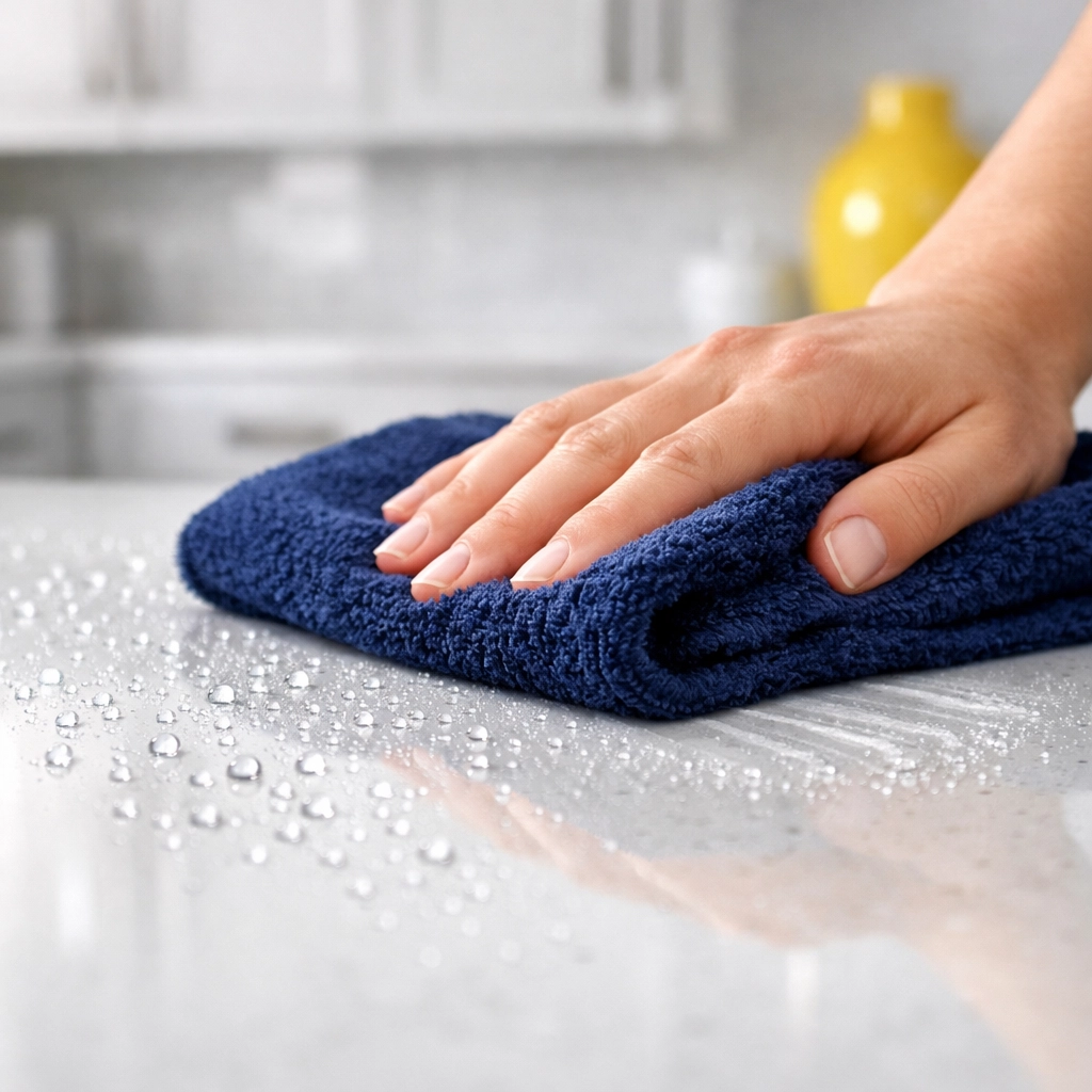 Professional post construction cleaning Franklin services wiping dust from a kitchen countertop.