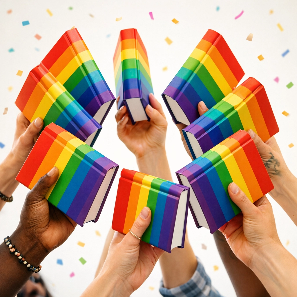 Diverse LGBTQ+ community celebrating queer books and MM romance publishing success together