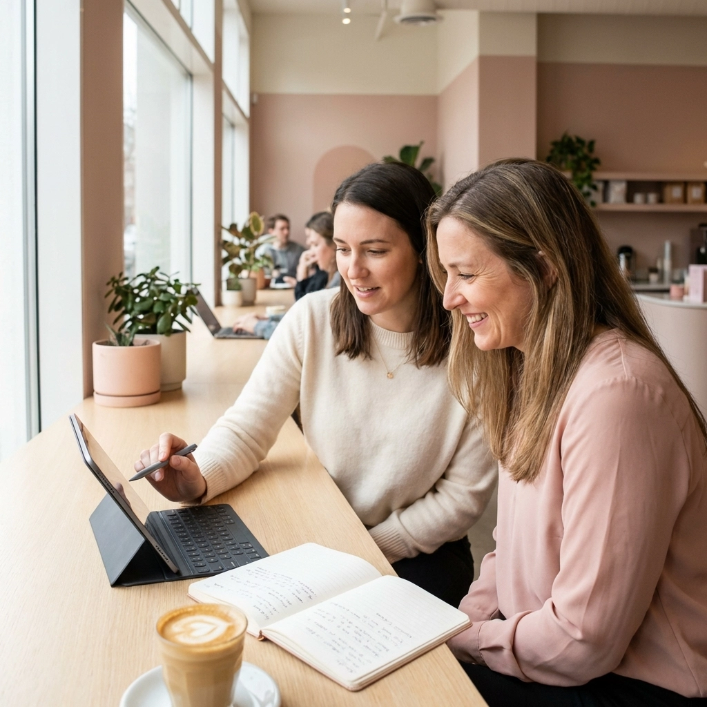 Two women collaborating at café, building genuine relationships and strategic partnerships in digital marketing.