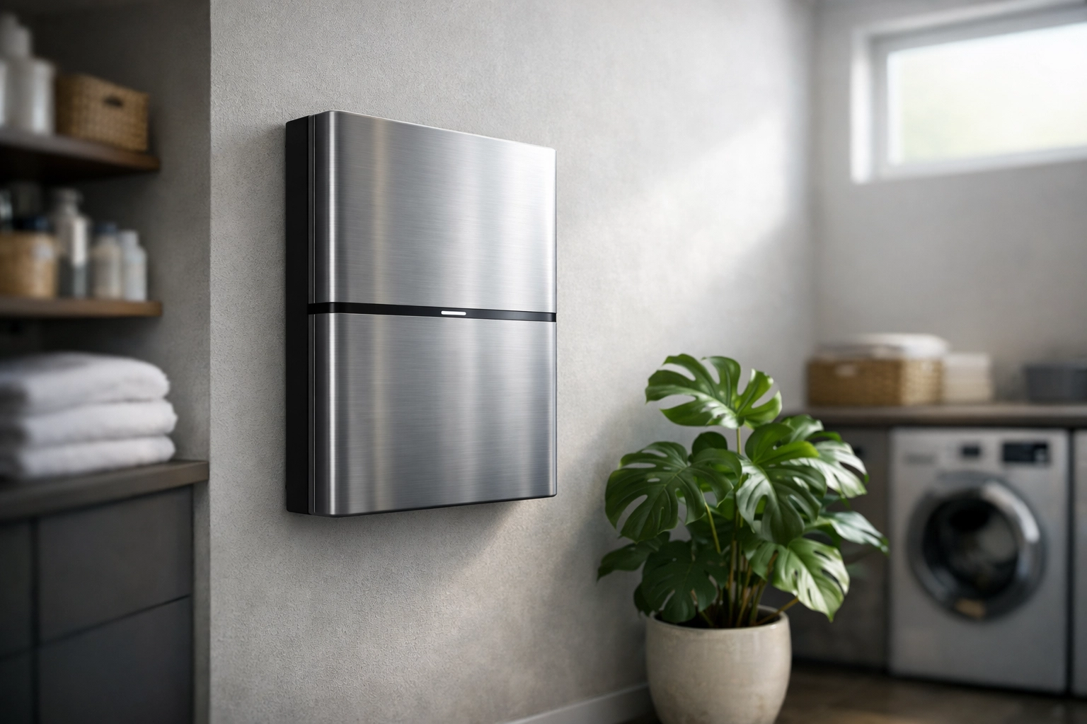 Modern solar battery storage unit installed in a contemporary home utility room.