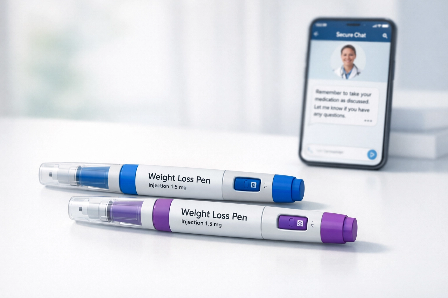Wegovy and Zepbound weight loss injection pens with smartphone showing online doctor consultation