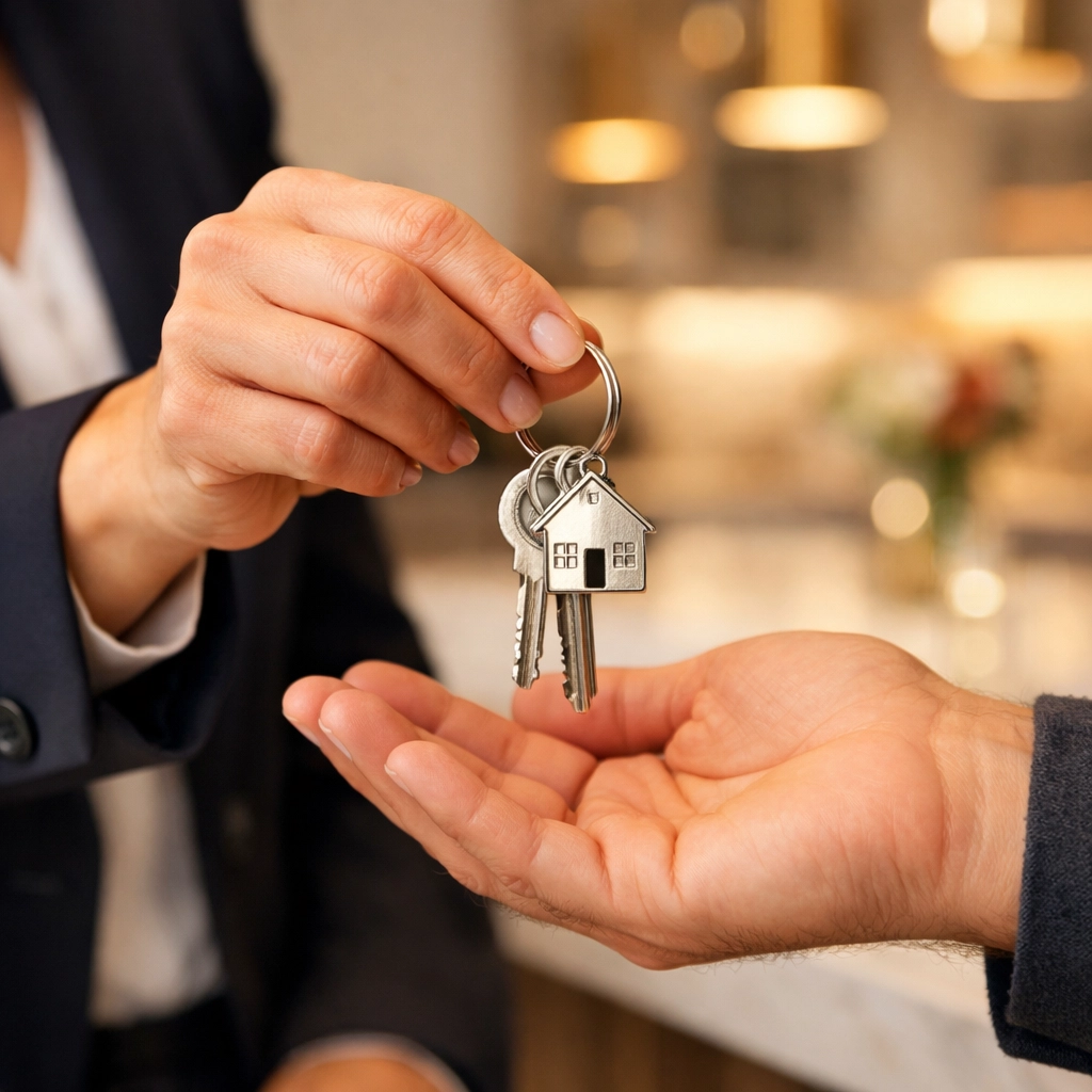 Real estate professional handing over keys to new homeowners in a high-end Vaughan kitchen.