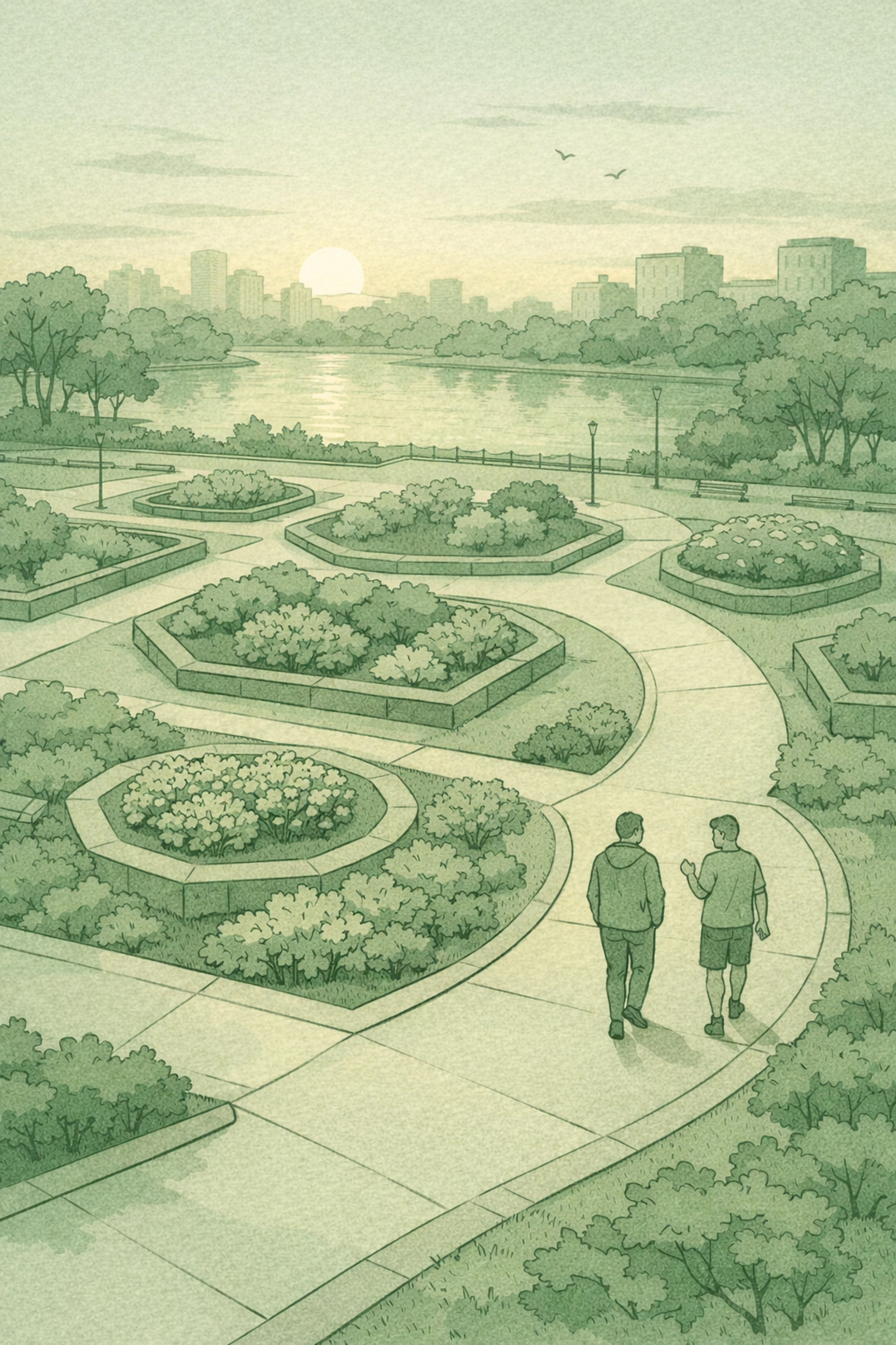 Aerial view of city park at sunrise with two men walking together among flower beds and concrete paths