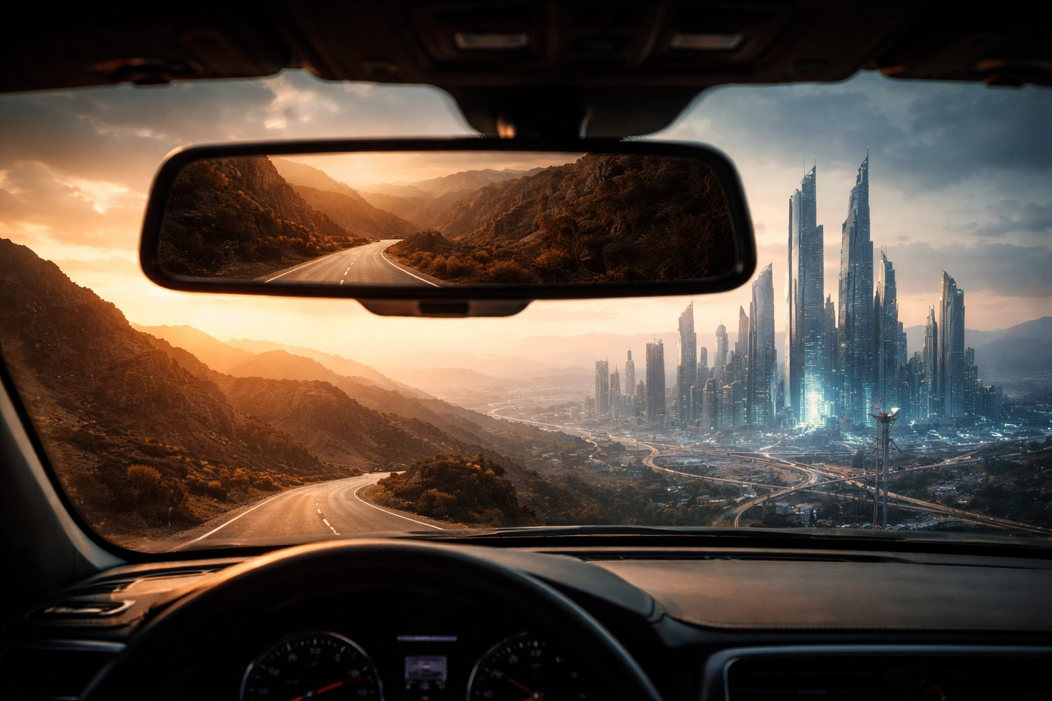 Rearview mirror contrasts past returns with a futuristic city, illustrating the risks of backward-looking investment strategies