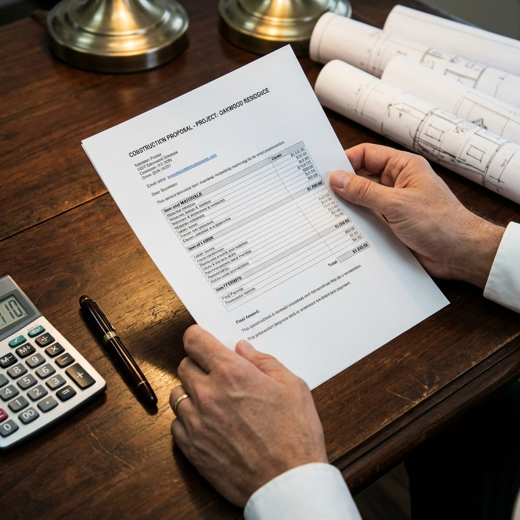 Close-up of hands reviewing an itemised builder's quote for a Bognor Regis home renovation