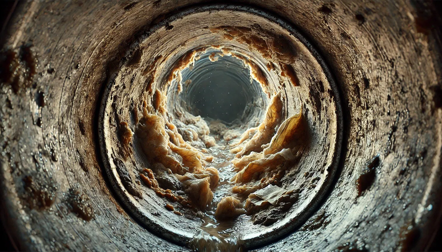 A cross-section of a clogged pipe illustrating the importance of rapidly dissolving paper