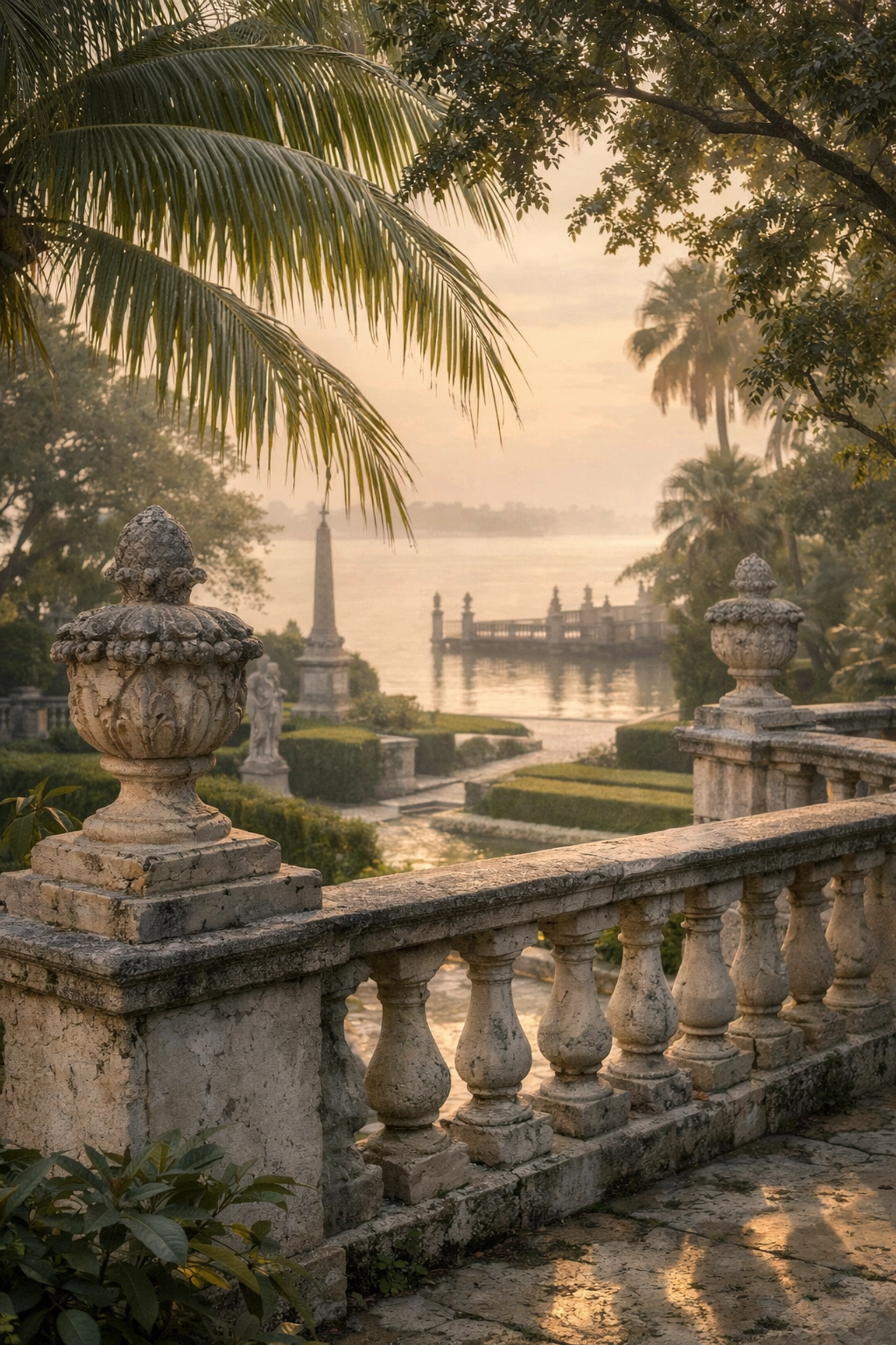 Vizcaya Museum gardens with ornate stone balustrades and tropical foliage at dawn