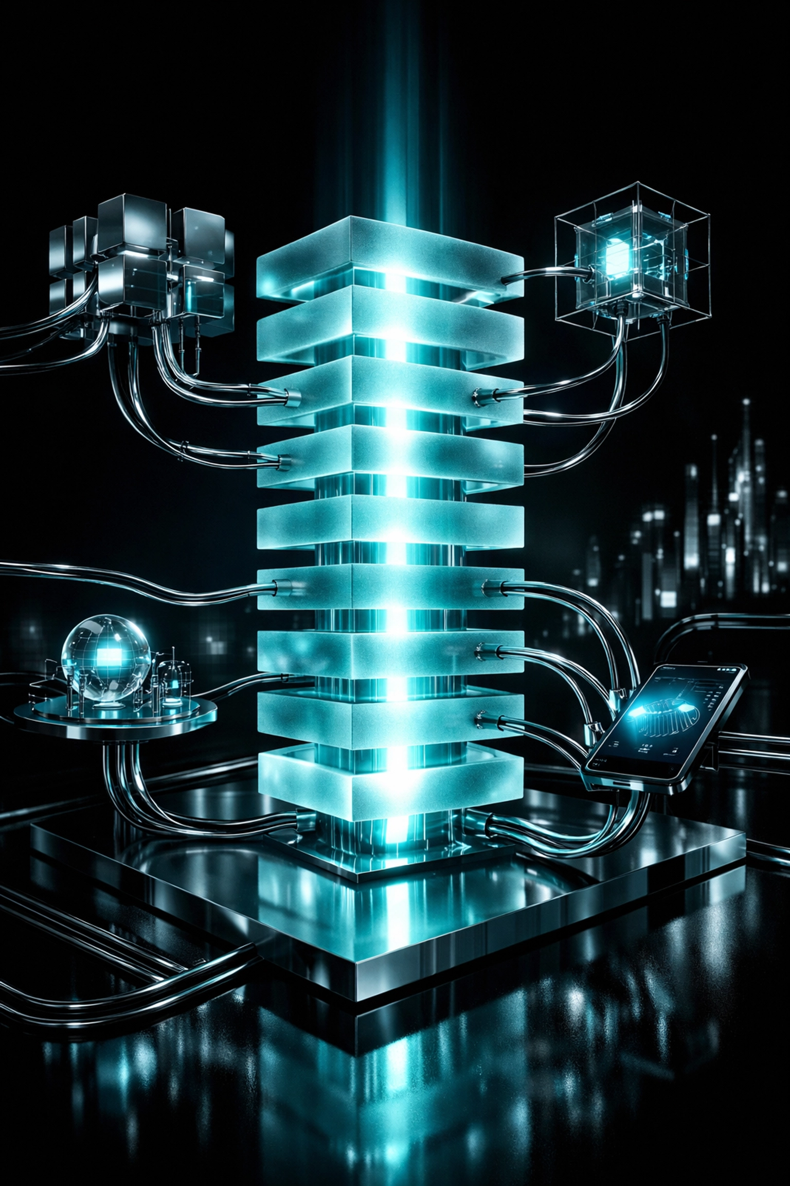 High-performance WordPress website design architecture with glowing cyan AI integration and chrome textures.