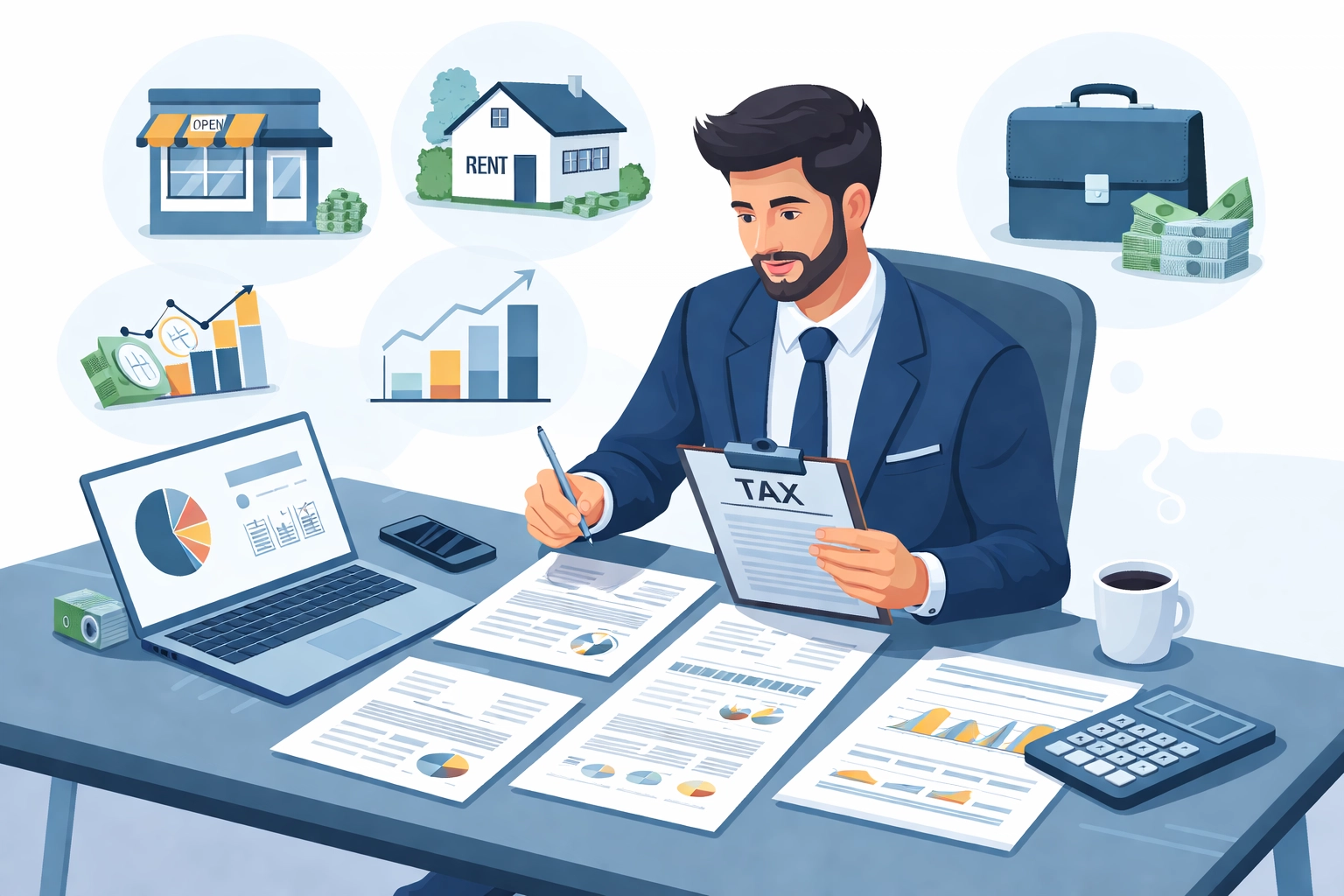 Professional tax advisor in New Haven reviews small business and investment documents for 2026 tax filing.