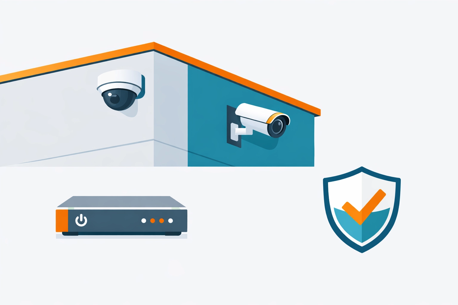 Clean Vector Illustration: Gebäude-Perimeter mit CCTV-Kameras & Sicherheits-Symbolik (Elektro-Zentrum CI: Schwarz/Dunkelgrau/Weiß + Akzent-Orange)