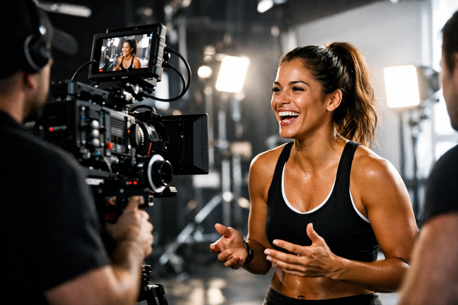 Professional video production featuring a female athlete creating authentic NIL branding content.