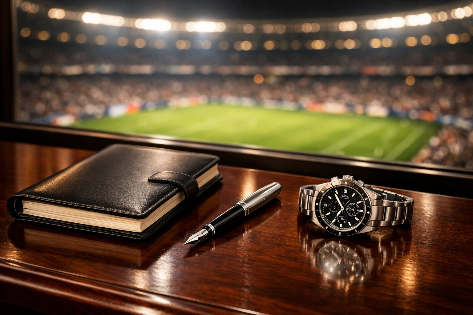 Executive planner and business essentials in a luxury Super Bowl skybox for logistics strategy.