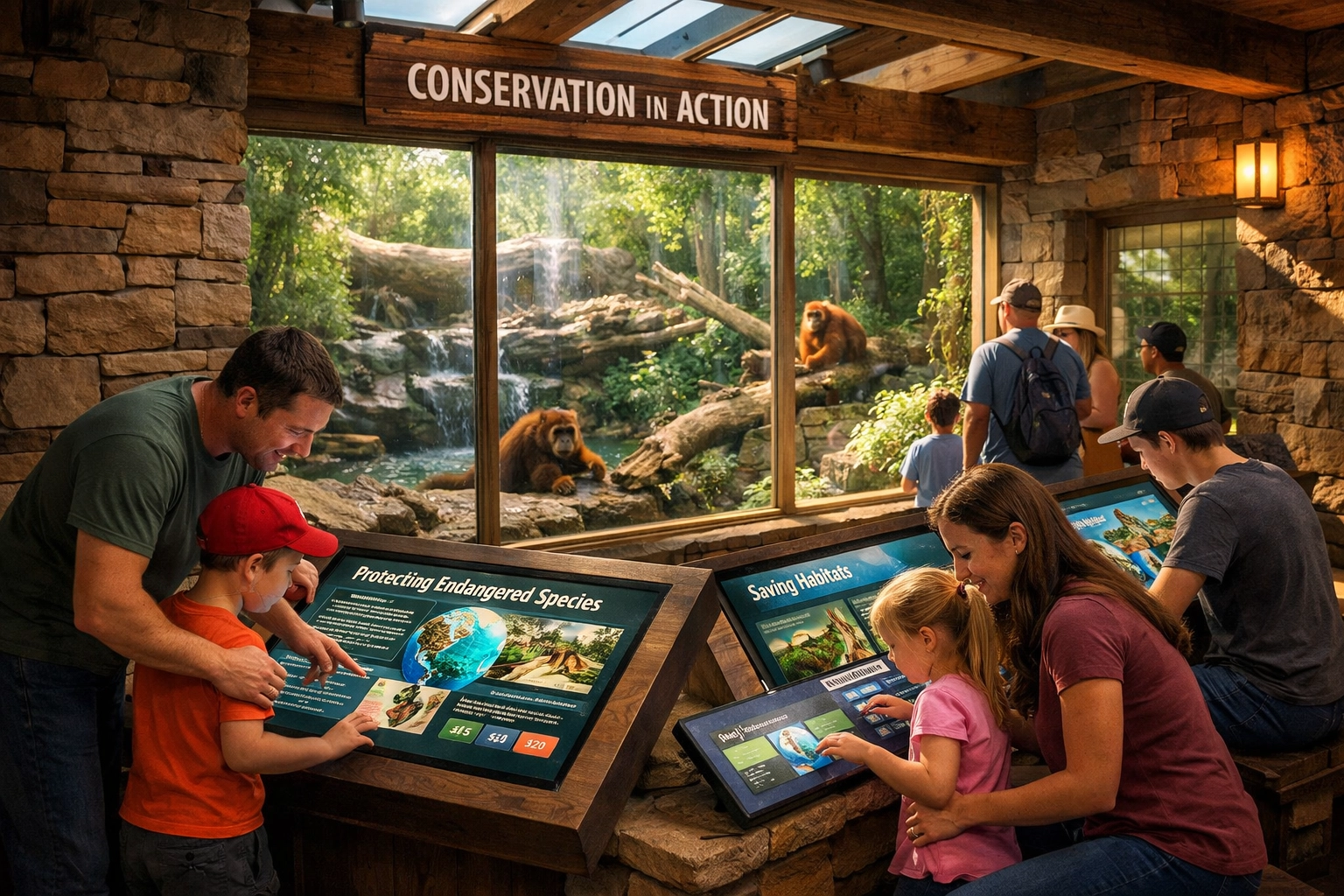Families exploring interactive educational display at zoo conservation exhibit with sponsorship opportunity
