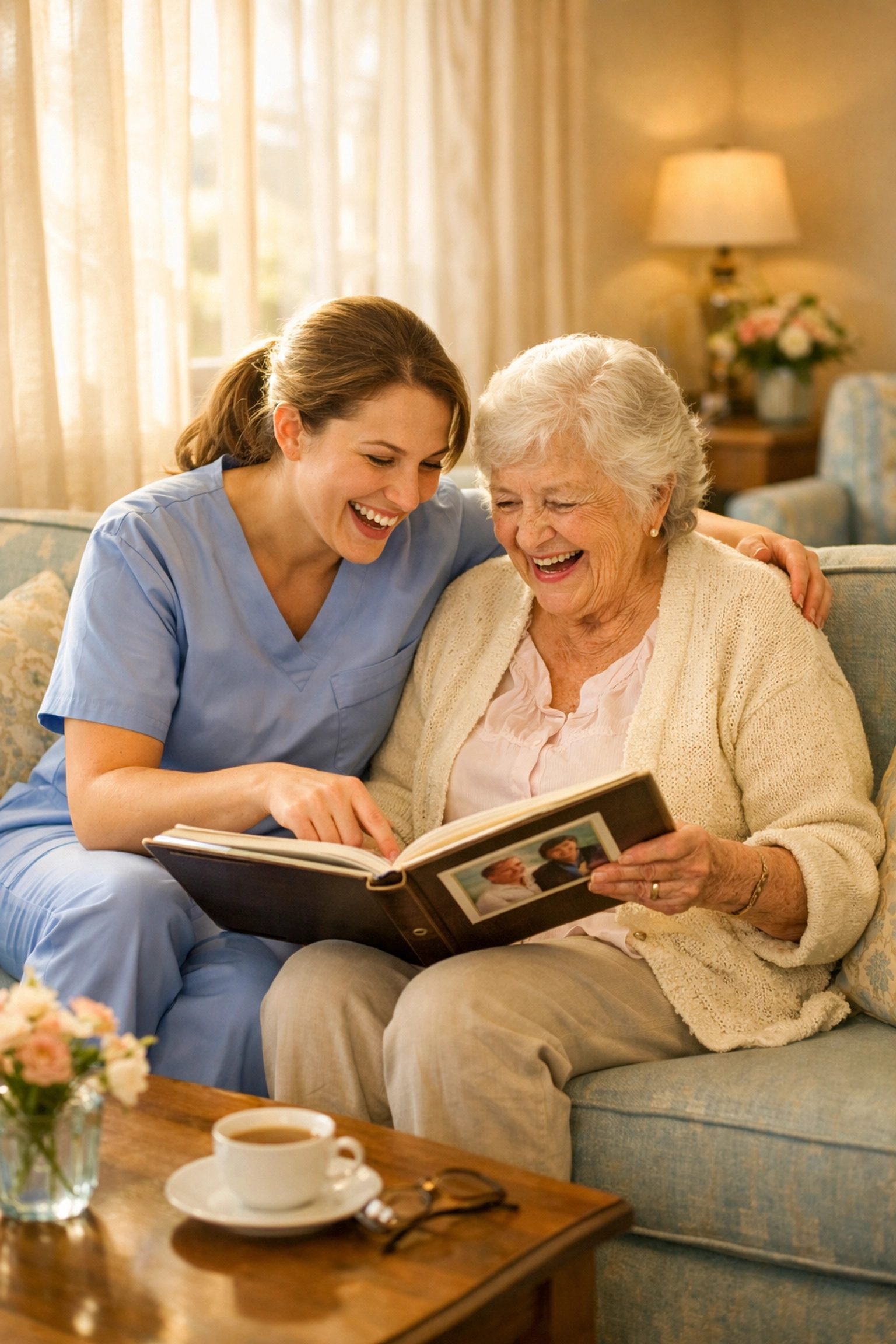 Caregiver providing companion care to senior resident in Paulding County assisted living facility