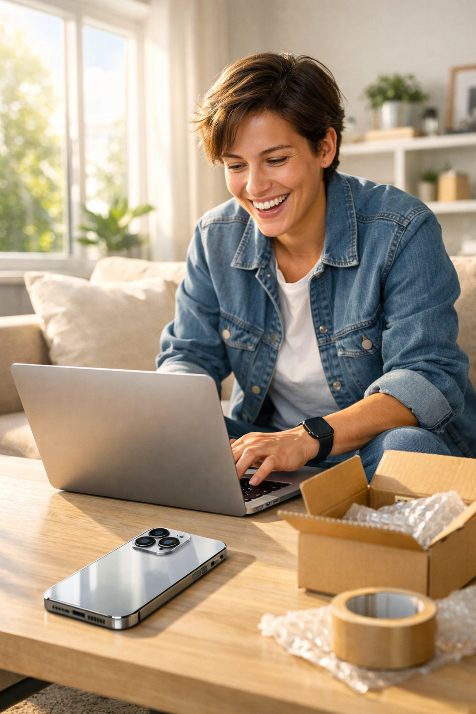 A smiling person using a laptop to sell an iPhone for cash online in a bright living room.