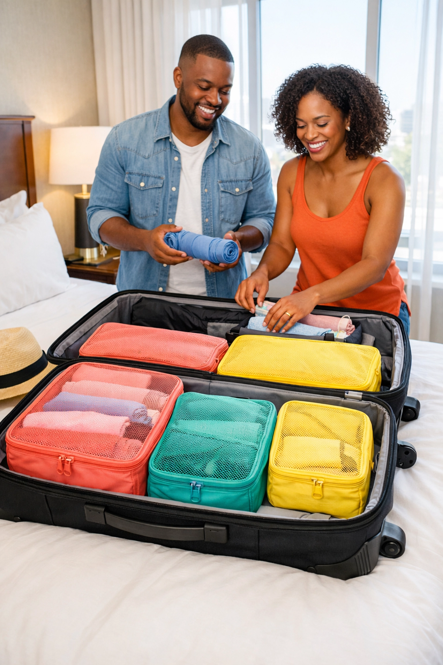 Organized suitcase with packing cubes for first international trip preparation