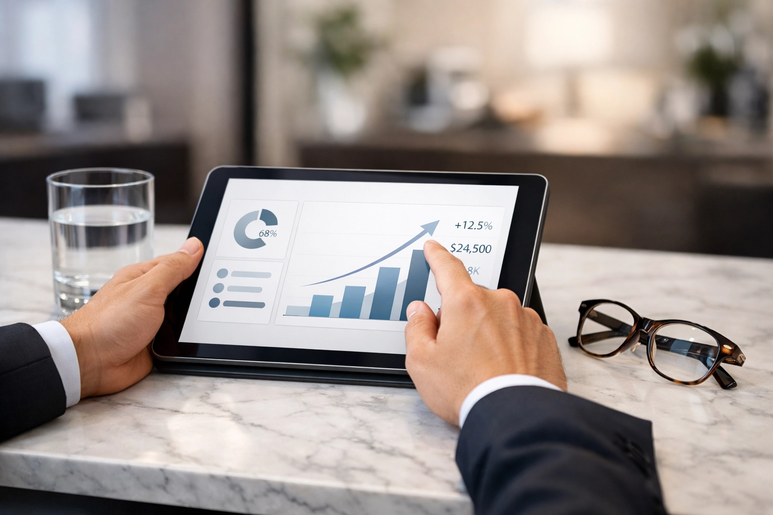 Close-up of a business dashboard on a tablet showing successful marketing automation and growth.