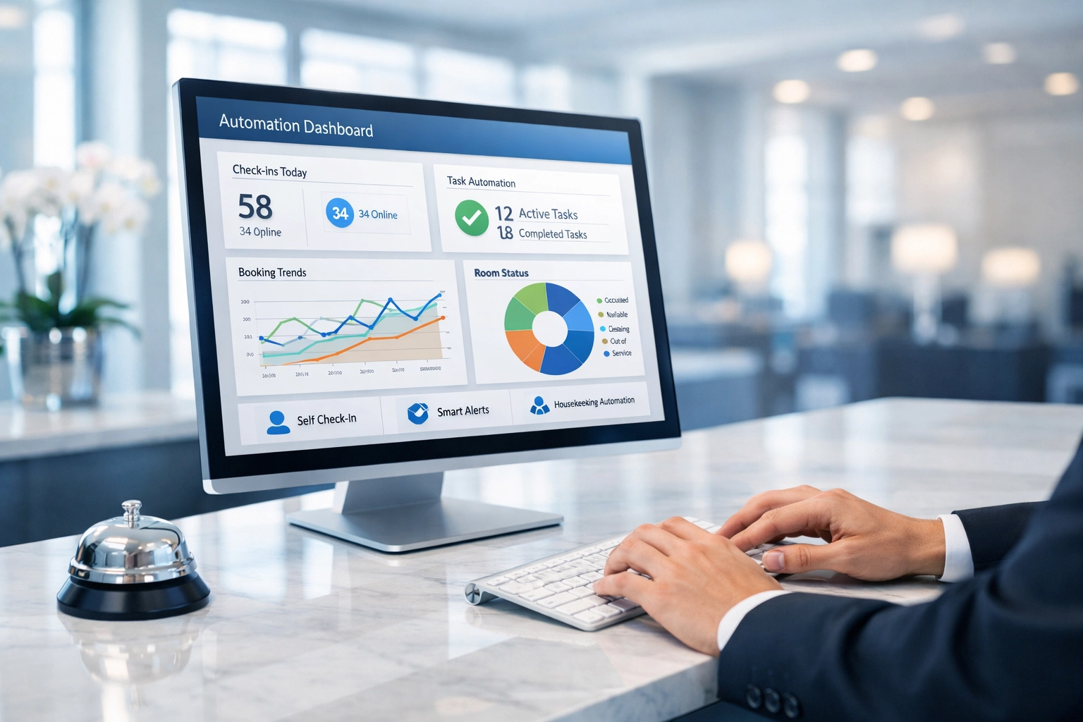 Hotel front desk with PMS automation dashboard displaying real-time data and analytics